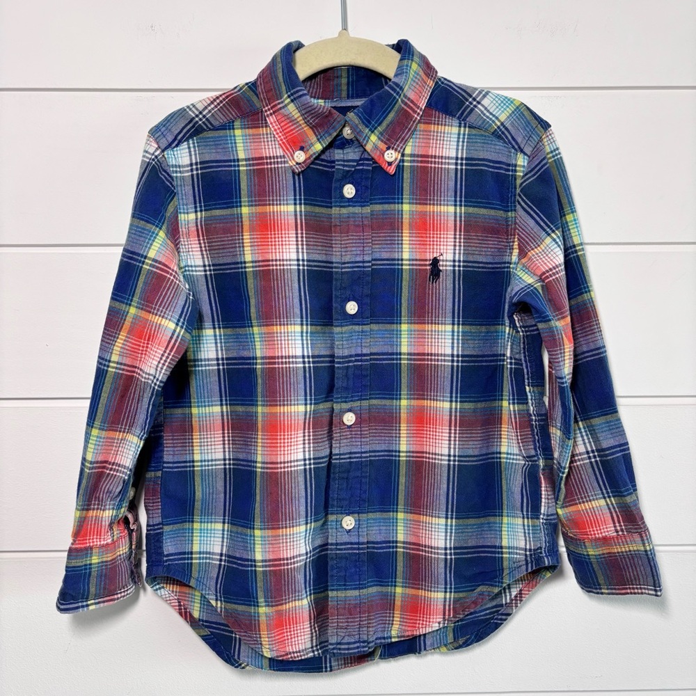 Ralph Lauren Polo Boy Blue Green Orange Cotton Plaid Button Dress Shirt  Size 3T